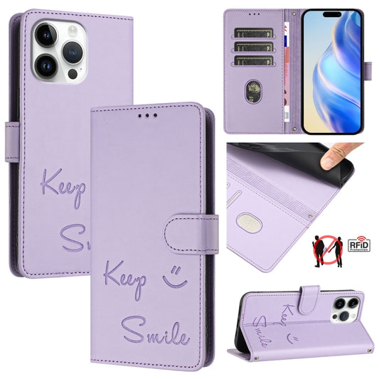 For iPhone 16 Pro Max Smile Embossing RFID Leather Phone Case(Light Purple) - iPhone 16 Pro Max Cases by buy2fix | Online Shopping UK | buy2fix