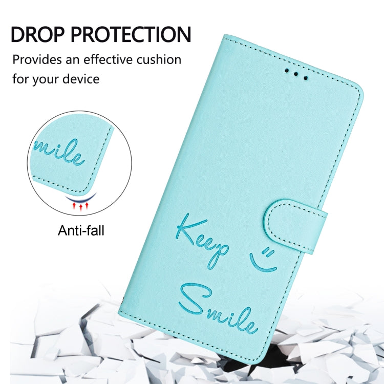 For iPhone SE 2024 Smile Embossing RFID Leather Phone Case(Mint Green) - More iPhone Cases by buy2fix | Online Shopping UK | buy2fix