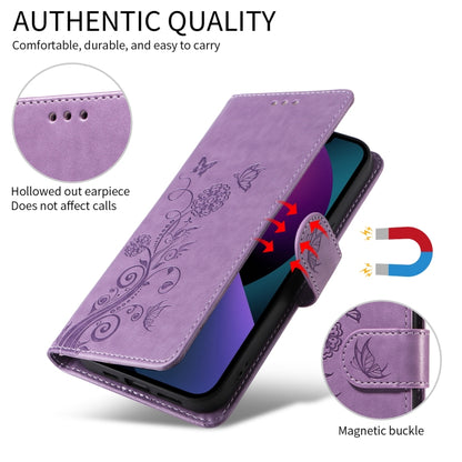 For iPhone 16 Pro Embossed Butterfly Flowers Leather Phone Case(Purple) - iPhone 16 Pro Cases by buy2fix | Online Shopping UK | buy2fix