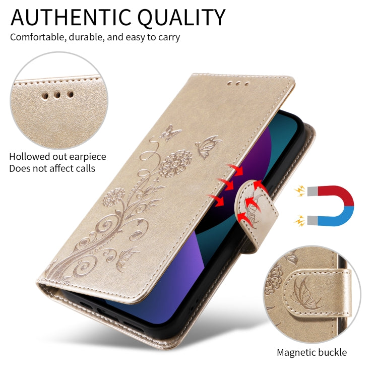 For iPhone 16 Embossed Butterfly Flowers Leather Phone Case(Gold) - iPhone 16 Cases by buy2fix | Online Shopping UK | buy2fix