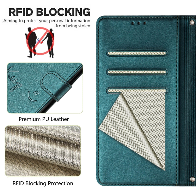 For Motorola Moto G Stylus 5G 2024 Smile Embossing RFID Leather Phone Case(Peacock Green) - Motorola Cases by buy2fix | Online Shopping UK | buy2fix