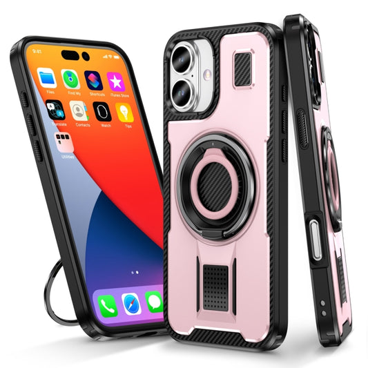 For iPhone 16 Plus Ring Holder Carbon Fiber PC Hybrid TPU Phone Case(Rose Gold) - iPhone 16 Plus Cases by buy2fix | Online Shopping UK | buy2fix