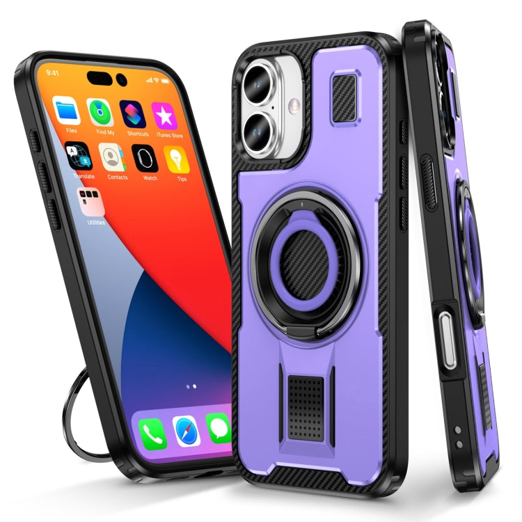 For iPhone 16 Ring Holder Carbon Fiber PC Hybrid TPU Phone Case(Purple) - iPhone 16 Cases by buy2fix | Online Shopping UK | buy2fix