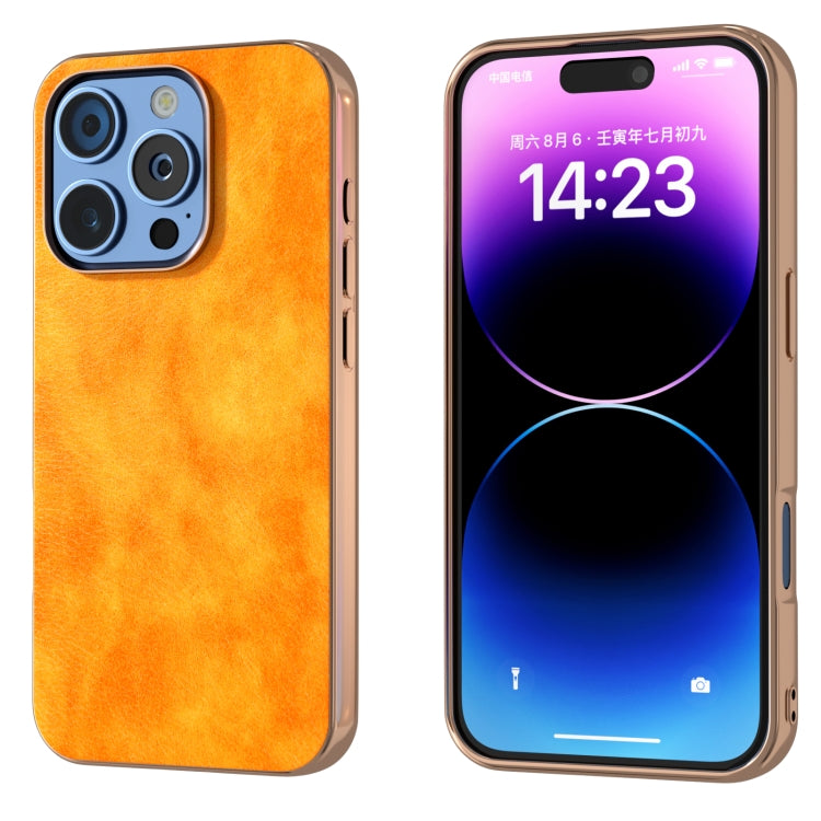 For iPhone 16 Pro Nano Electroplating Dual Color Lichi Texture PU Phone Case(Orange) - iPhone 16 Pro Cases by buy2fix | Online Shopping UK | buy2fix