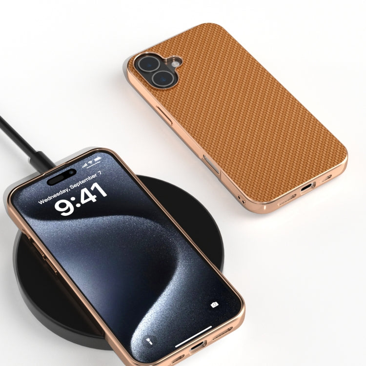 For iPhone 16 Plus Nano Electroplating Carbon Fiber Texture Phone Case(Brown) - iPhone 16 Plus Cases by buy2fix | Online Shopping UK | buy2fix