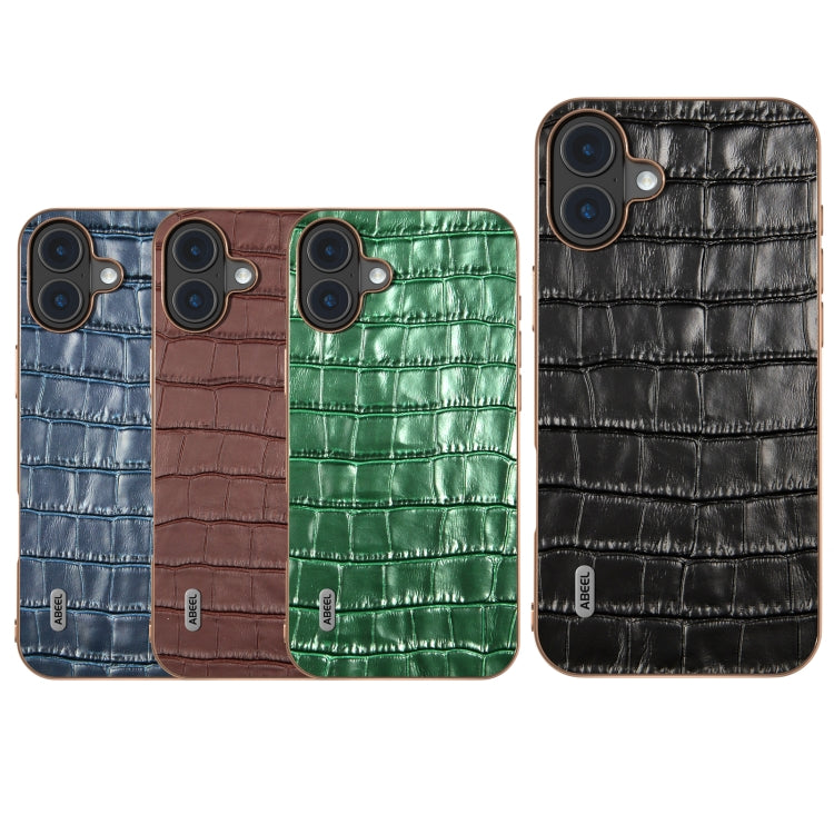 For iPhone 16 Plus ABEEL Electroplating Frame Crocodile Texture Genuine Leather Phone Case(Brown) - iPhone 16 Plus Cases by buy2fix | Online Shopping UK | buy2fix