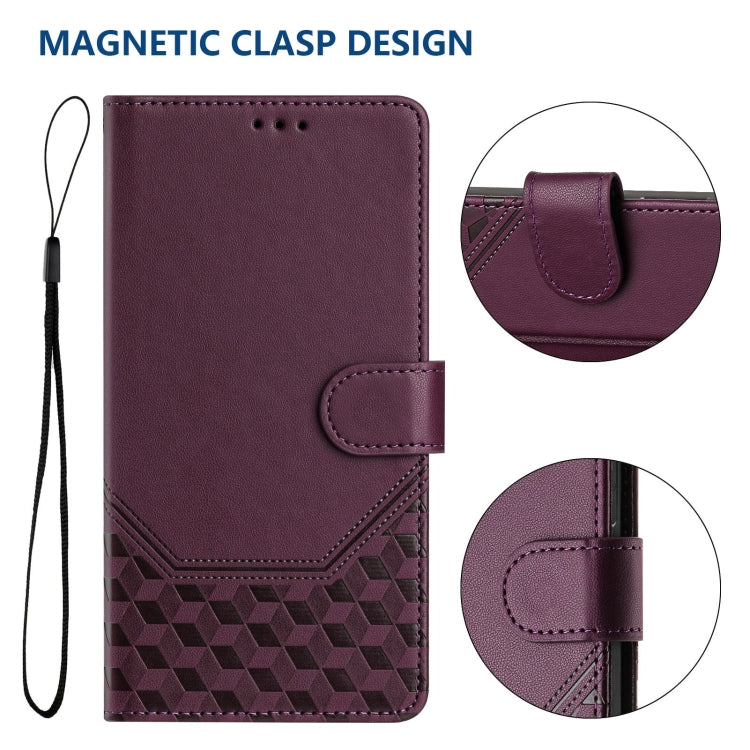 For iPhone 16 Honeycomb Embossing RFID Leather Phone Case(Violet) - iPhone 16 Cases by buy2fix | Online Shopping UK | buy2fix