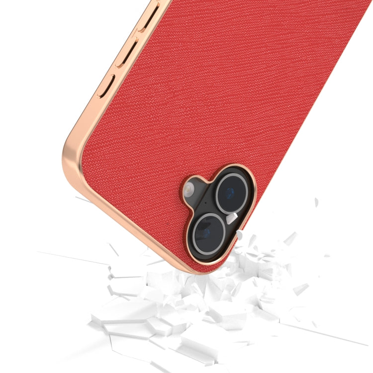 For iPhone 16 ABEEL Electroplating Frame Cross Texture Genuine Leather Phone Case(Red) - iPhone 16 Cases by buy2fix | Online Shopping UK | buy2fix