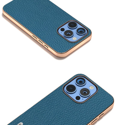 For iPhone 16 Pro ABEEL Electroplating Frame Genuine Leather Litchi Texture Phone Case(Blue) - iPhone 16 Pro Cases by buy2fix | Online Shopping UK | buy2fix