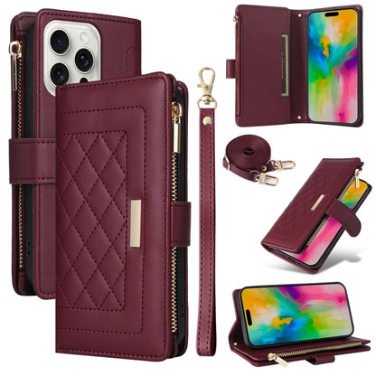 For iPhone 16 Pro Crossbody Zipper Wallet Rhombus Leather Phone Case(Wine Red) - iPhone 16 Pro Cases by buy2fix | Online Shopping UK | buy2fix