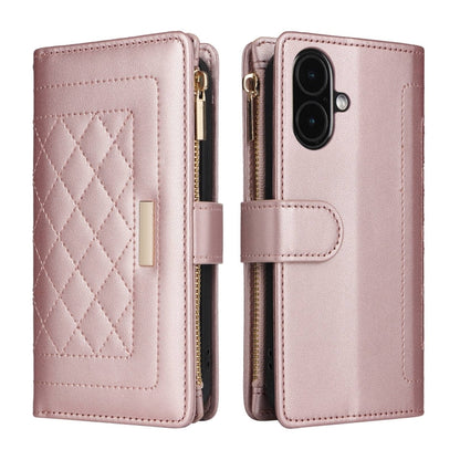 For iPhone 16 Plus Crossbody Zipper Wallet Rhombus Leather Phone Case(Rose Gold) - iPhone 16 Plus Cases by buy2fix | Online Shopping UK | buy2fix