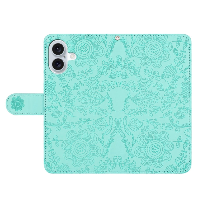 For iPhone 16 Floral Embossed Pattern Leather Phone Case(Light Green) - iPhone 16 Cases by buy2fix | Online Shopping UK | buy2fix