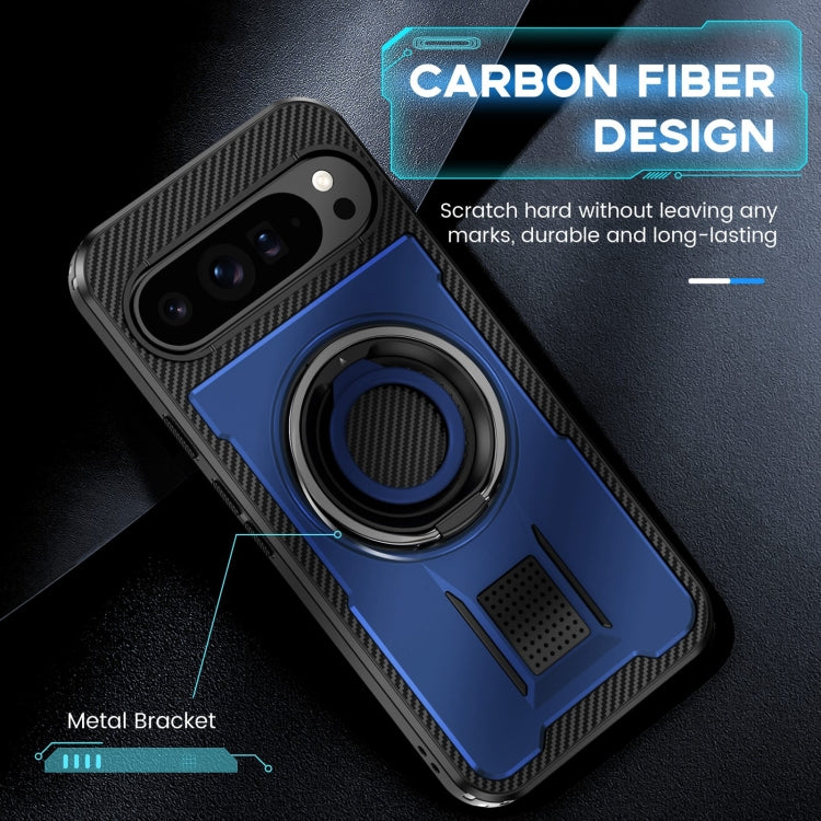 For Google Pixel 9 Pro XL Ring Holder Carbon Fiber PC Hybrid TPU Phone Case(Blue) - Google Cases by buy2fix | Online Shopping UK | buy2fix