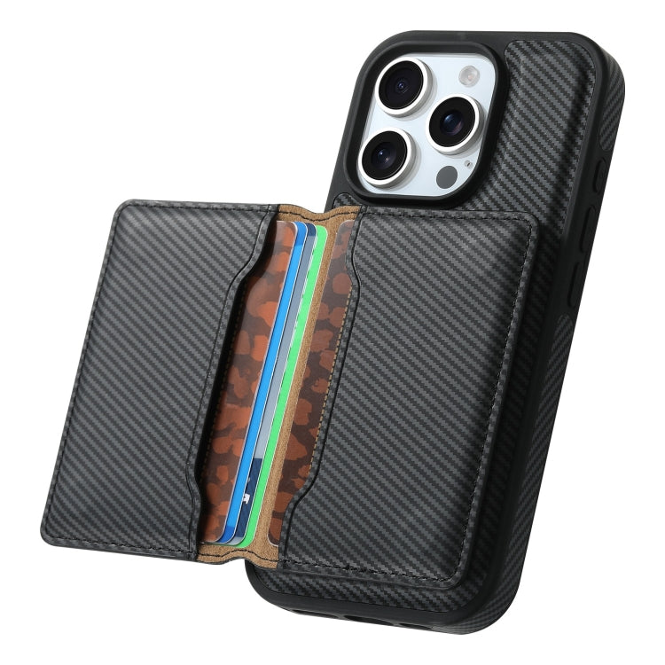 For iPhone 16 Pro Denior Carbon Fiber Texture Leather Card Bag MagSafe Phone Case(Black) - iPhone 16 Pro Cases by Denior | Online Shopping UK | buy2fix