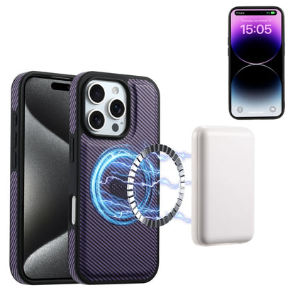 For iPhone 16 Pro Denior Carbon Fiber Texture Leather Card Bag MagSafe Phone Case(Purple) - iPhone 16 Pro Cases by Denior | Online Shopping UK | buy2fix