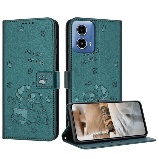 For Motorola Moto G Stylus 5G 2024 Embossed Kitten Phone Leather Case with Lanyard(Dark Green) - Motorola Cases by buy2fix | Online Shopping UK | buy2fix