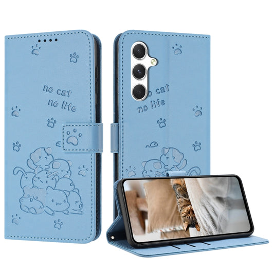 For Samsung Galaxy S25 / S24 5G Embossed Kitten Phone Leather Case with Lanyard(Blue) - Galaxy S24 5G Cases by buy2fix | Online Shopping UK | buy2fix