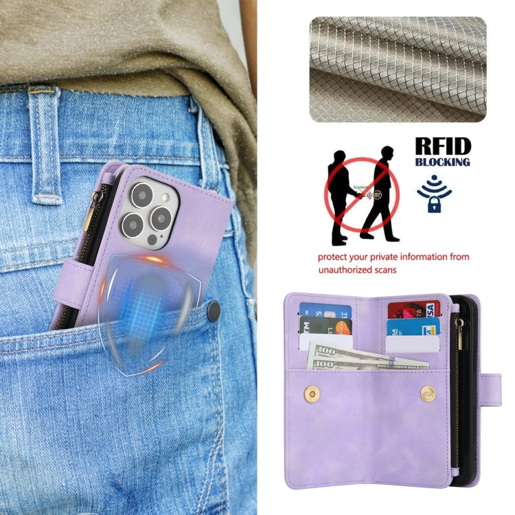 For iPhone 16 Pro Dream 9-Card Zipper Wallet RFID Leather Phone Case with Lanyard(Purple) - iPhone 16 Pro Cases by buy2fix | Online Shopping UK | buy2fix