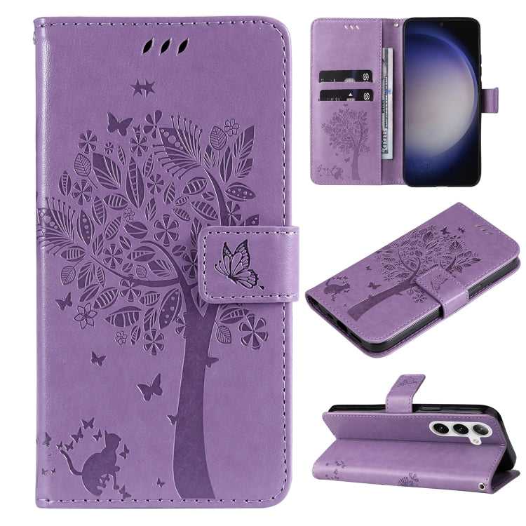 For Samsung Galaxy S25 / S24 5G Tree & Cat Embossed Pattern Flip Leather Phone Case(Light Purple) - Galaxy S25 5G Cases by buy2fix | Online Shopping UK | buy2fix