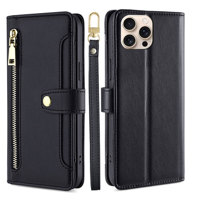 For iPhone 16 Pro Max Sheep Texture Cross-body Zipper Wallet Leather Phone Case(Black) - iPhone 16 Pro Max Cases by buy2fix | Online Shopping UK | buy2fix