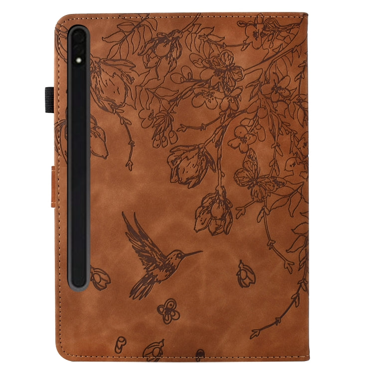 For Samsung Galaxy Tab S9 Flowers and Bird Embossed Smart Leather Tablet Case(Brown) - Galaxy Tab S9 Cases by buy2fix | Online Shopping UK | buy2fix