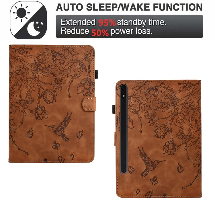 For Samsung Galaxy Tab S9 Flowers and Bird Embossed Smart Leather Tablet Case(Brown) - Galaxy Tab S9 Cases by buy2fix | Online Shopping UK | buy2fix