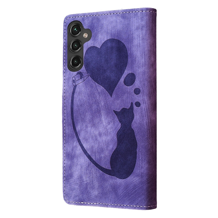 For Samsung Galaxy S25+ 5G Pen Heart Cat Embossed Leather Phone Case(Purple) - Galaxy S25+ 5G Cases by buy2fix | Online Shopping UK | buy2fix