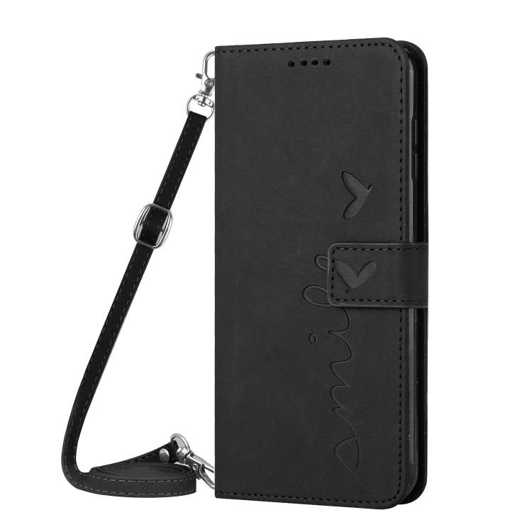 For Samsung Galaxy S25 / S24 5G Skin Feel Heart Embossed Leather Phone Case with Long Lanyard(Black) - Galaxy S25 5G Cases by buy2fix | Online Shopping UK | buy2fix