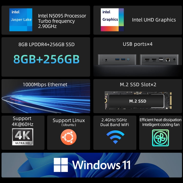 BMAX B3 Pro Windows 11 Mini PC, 8GB+256GB, Intel Celeron Processor N5095, Support HDMI / RJ45(EU Plug) - Windows Mini PCs by BMAX | Online Shopping UK | buy2fix