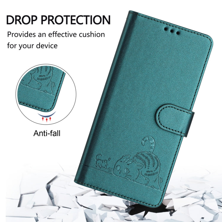 For Boost Mobile Celero 5G 2024 Cat Rat Embossed RFID Leather Phone Case with Lanyard(Peacock Green) - More Brand by buy2fix | Online Shopping UK | buy2fix