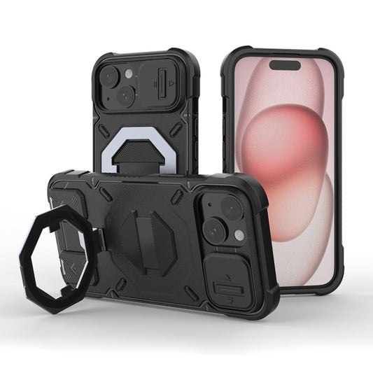 For iPhone 15 Plus Camera Shield Armor MagSafe Holder Phone Case with Strap(Black) - iPhone 15 Plus Cases by buy2fix | Online Shopping UK | buy2fix