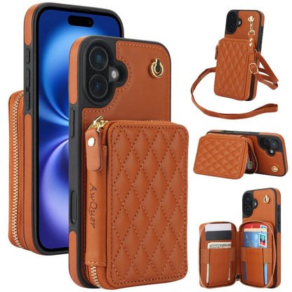 For iPhone 16 Plus AwQuer Crossbody Zipper Wallet Rhombic Leather Back Phone Case(Brown) - iPhone 16 Plus Cases by Awquer | Online Shopping UK | buy2fix