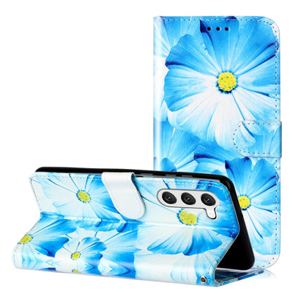 For Samsung Galaxy S25 5G Colored Drawing Marble Pattern Leather Phone Case(Blue Flower) - Galaxy S25 5G Cases by buy2fix | Online Shopping UK | buy2fix