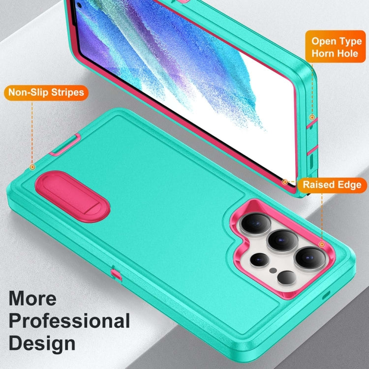 For Samsung Galaxy S25 Ultra 5G Rugged PC Hybrid Silicone Phone Case with Holder(Light Green+Rose Red) - Galaxy S25 Ultra 5G Cases by buy2fix | Online Shopping UK | buy2fix