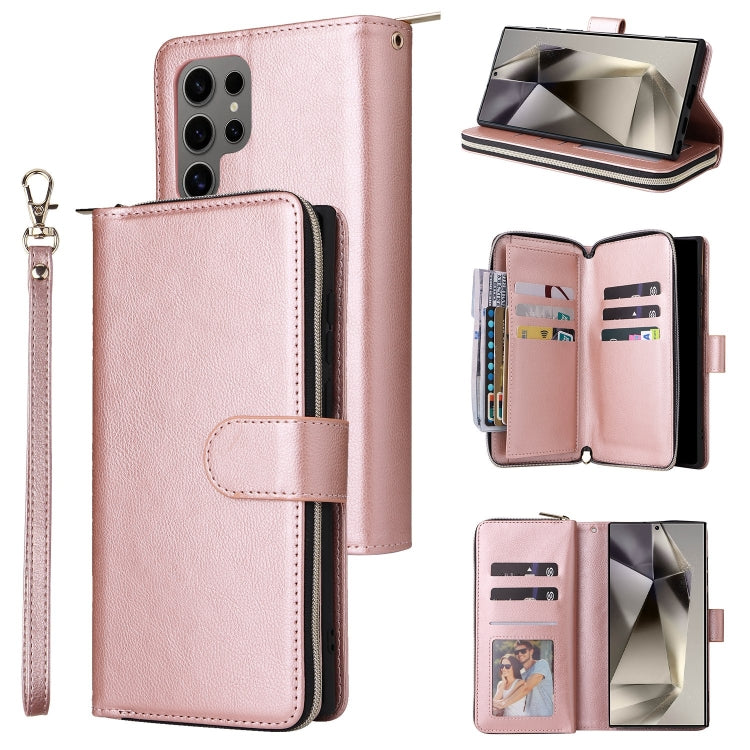 For Samsung Galaxy S25 Ultra 5G 9-Card Slots Zipper Wallet Bag Leather Phone Case(Rose Gold) - Galaxy S25 Ultra 5G Cases by buy2fix | Online Shopping UK | buy2fix