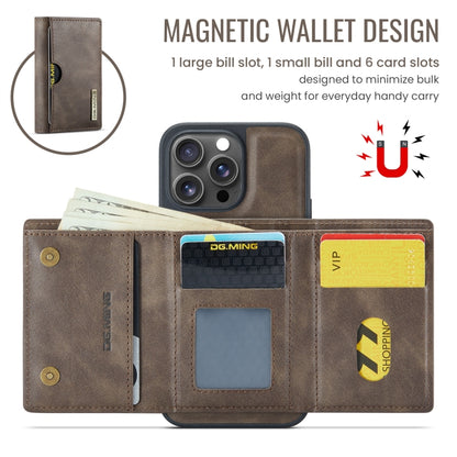 For iPhone 16 Pro DG.MING M6 Series RFID Tri-fold Card Bag Removable Leather Phone Case(Coffee) - iPhone 16 Pro Cases by DG.MING | Online Shopping UK | buy2fix