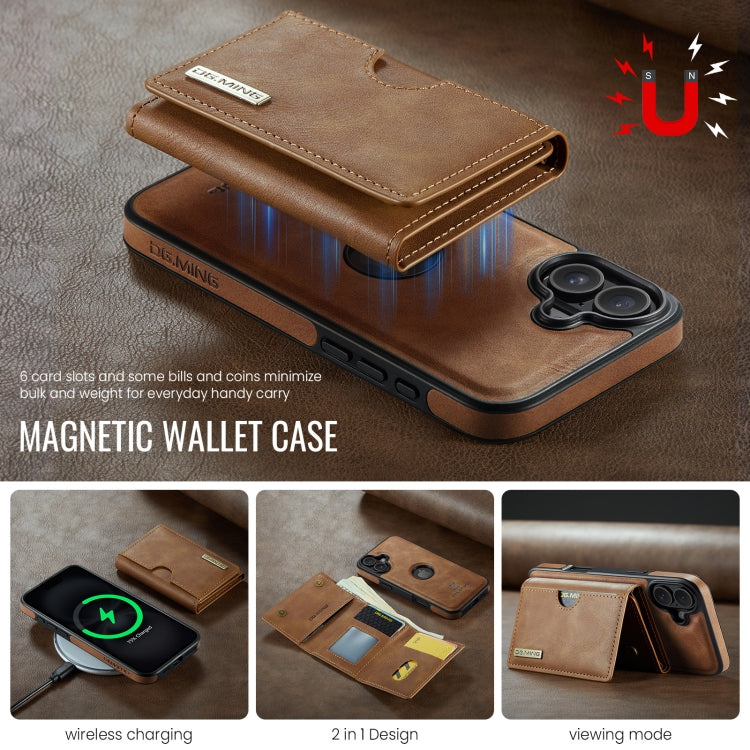 For iPhone 16 Plus DG.MING M6 Series RFID Tri-fold Card Bag Removable Leather Phone Case(Brown) - iPhone 16 Plus Cases by DG.MING | Online Shopping UK | buy2fix