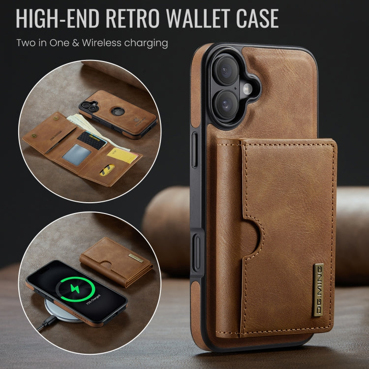 For iPhone 16 DG.MING M6 Series RFID Tri-fold Card Bag Removable Leather Phone Case(Brown) - iPhone 16 Cases by DG.MING | Online Shopping UK | buy2fix