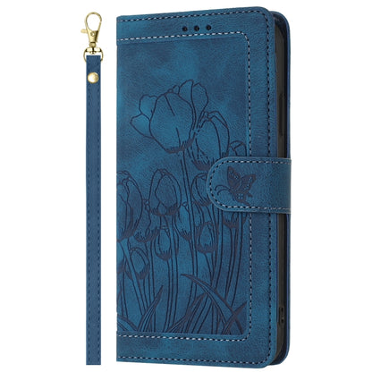 For Samsung Galaxy S25 Ultra 5G Tulips Embossed Leather Phone Case with Lanyard(Blue) - Galaxy S25 Ultra 5G Cases by buy2fix | Online Shopping UK | buy2fix