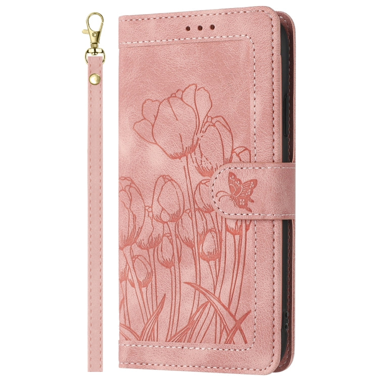 For Samsung Galaxy S25 5G Tulips Embossed Leather Phone Case with Lanyard(Pink) - Galaxy S25 5G Cases by buy2fix | Online Shopping UK | buy2fix