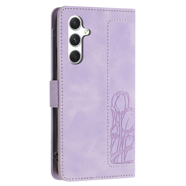 For Samsung Galaxy S25 5G Tulips Embossed Leather Phone Case with Lanyard(Purple) - Galaxy S25 5G Cases by buy2fix | Online Shopping UK | buy2fix