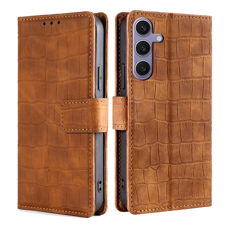 For Samsung Galaxy S25+ 5G Skin Feel Crocodile Magnetic Clasp Leather Phone Case(Brown) - Galaxy S25+ 5G Tempered Glass by buy2fix | Online Shopping UK | buy2fix