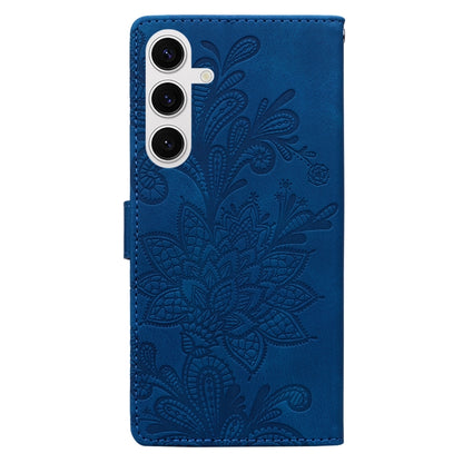 For Samsung Galaxy S25+ 5G Lace Floral Embossed Magnetic Buckle PU Phone Case With Wrist Strap(Blue) - Galaxy S25+ 5G Cases by buy2fix | Online Shopping UK | buy2fix