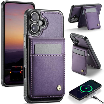 For iPhone 16 JEEHOOD J06 British Style RFID MagSafe Card Bag PU Phone Case(Purple) - iPhone 16 Cases by JEEHOOD | Online Shopping UK | buy2fix