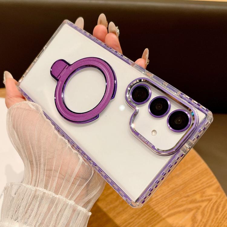 For Samsung Galaxy S25+ 5G Transparent MagSafe Holder Phone Case with Lens Film(Purple) - Galaxy S25+ 5G Cases by buy2fix | Online Shopping UK | buy2fix