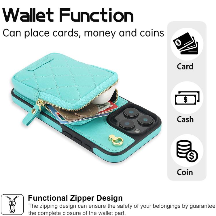 For iPhone 16 Pro Max AwQuer Crossbody Zipper Wallet Bag Litchi Leather Phone Case(Mint Green) - iPhone 16 Pro Max Cases by Awquer | Online Shopping UK | buy2fix