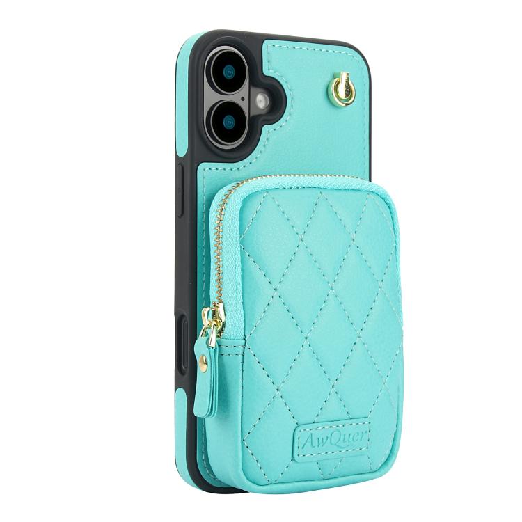 For iPhone 16 AwQuer Crossbody Zipper Wallet Bag Litchi Leather Phone Case(Mint Green) - iPhone 16 Cases by Awquer | Online Shopping UK | buy2fix