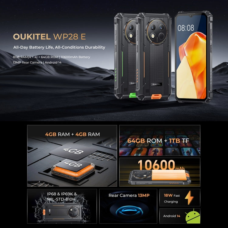 [HK Warehouse] Oukitel WP28 E IP68/IP69K Rugged Phone, 4GB+64GB, 6.52 inch Unisoc T606 Octa-core, NFC, OTG, Network: 4G (Grey) - Other by OUKITEL | Online Shopping UK | buy2fix