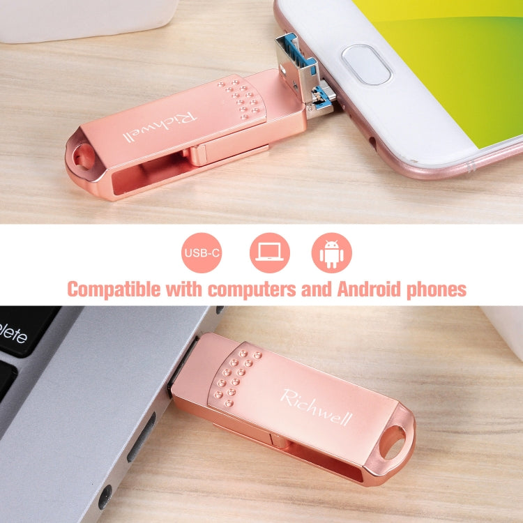 Richwell 3 in 1 128G Type-C + Micro USB + USB 3.0 Metal Flash Disk with OTG Function(Rose Gold) - U Disk & Card Reader by Richwell | Online Shopping UK | buy2fix