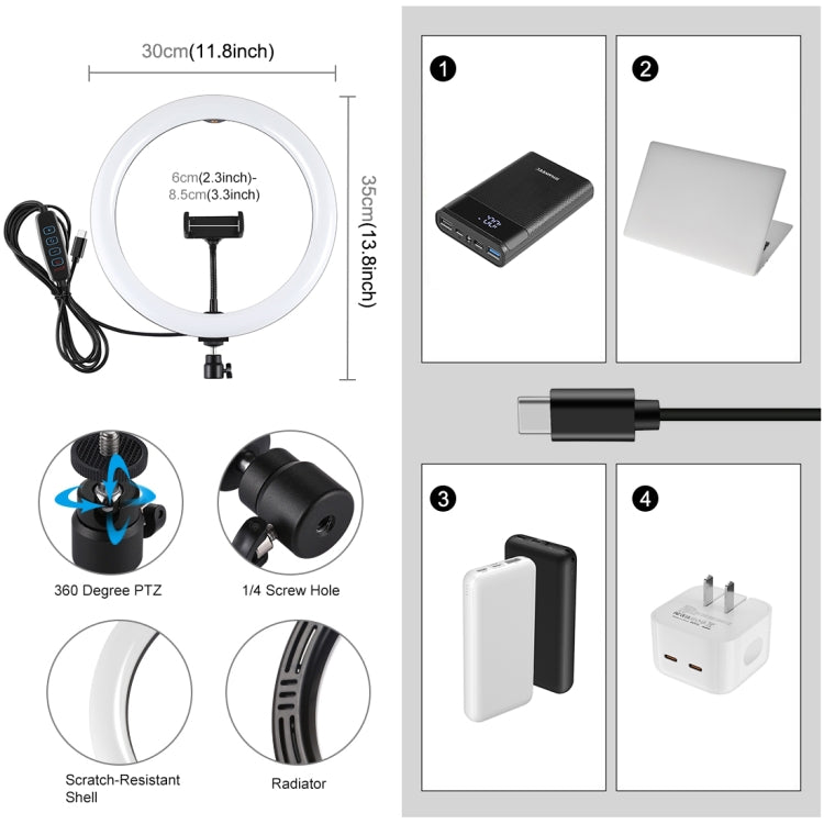 PULUZ PD20W 11.8 inch 30cm Type-C 3 Modes Dimmable Dual Color Temperature LED Curved Diffuse Light Ring Vlogging Selfie Photography Video Lights with Phone Clamp (Black) - Ring Light by PULUZ | Online Shopping UK | buy2fix